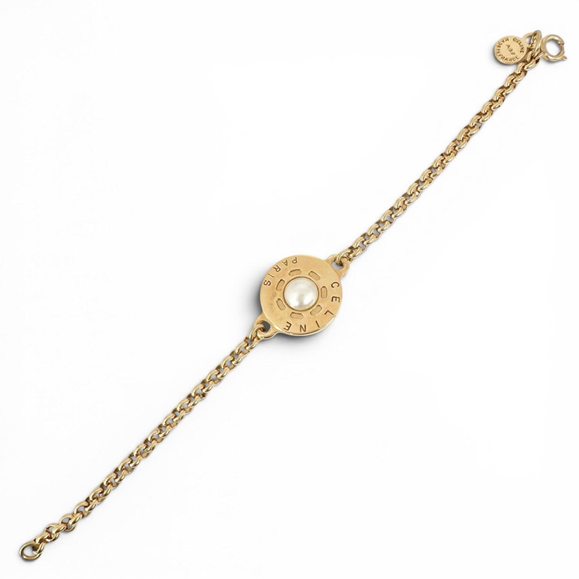 CELINE Vintage Faux Pearl Plated Circle Logo Bracelet, Gold, Made in France, Women's — Like New