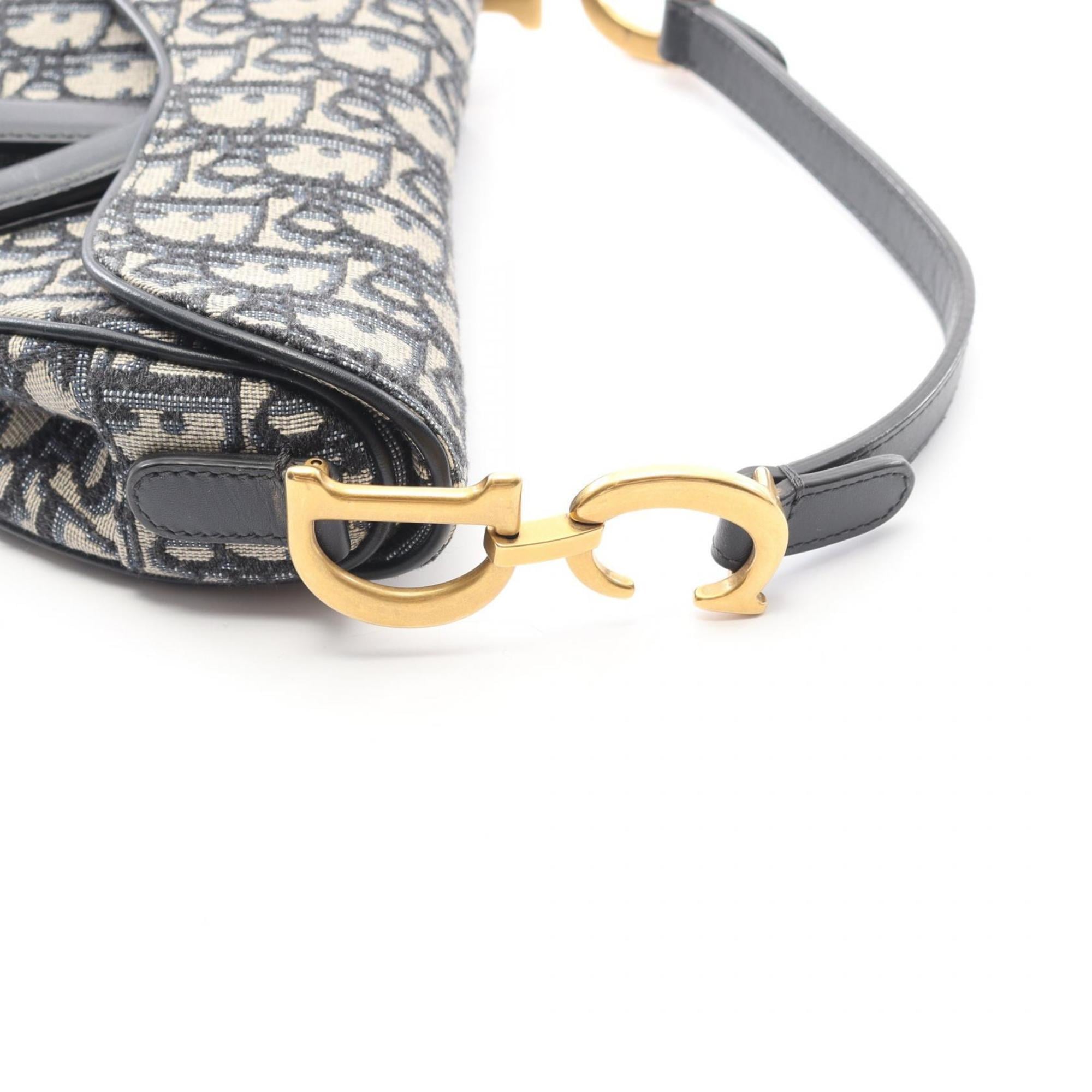 Christian Dior Dior Saddle Bag Mini Oblique Jacquard Handbag Canvas Leather Women's Ivory Navy