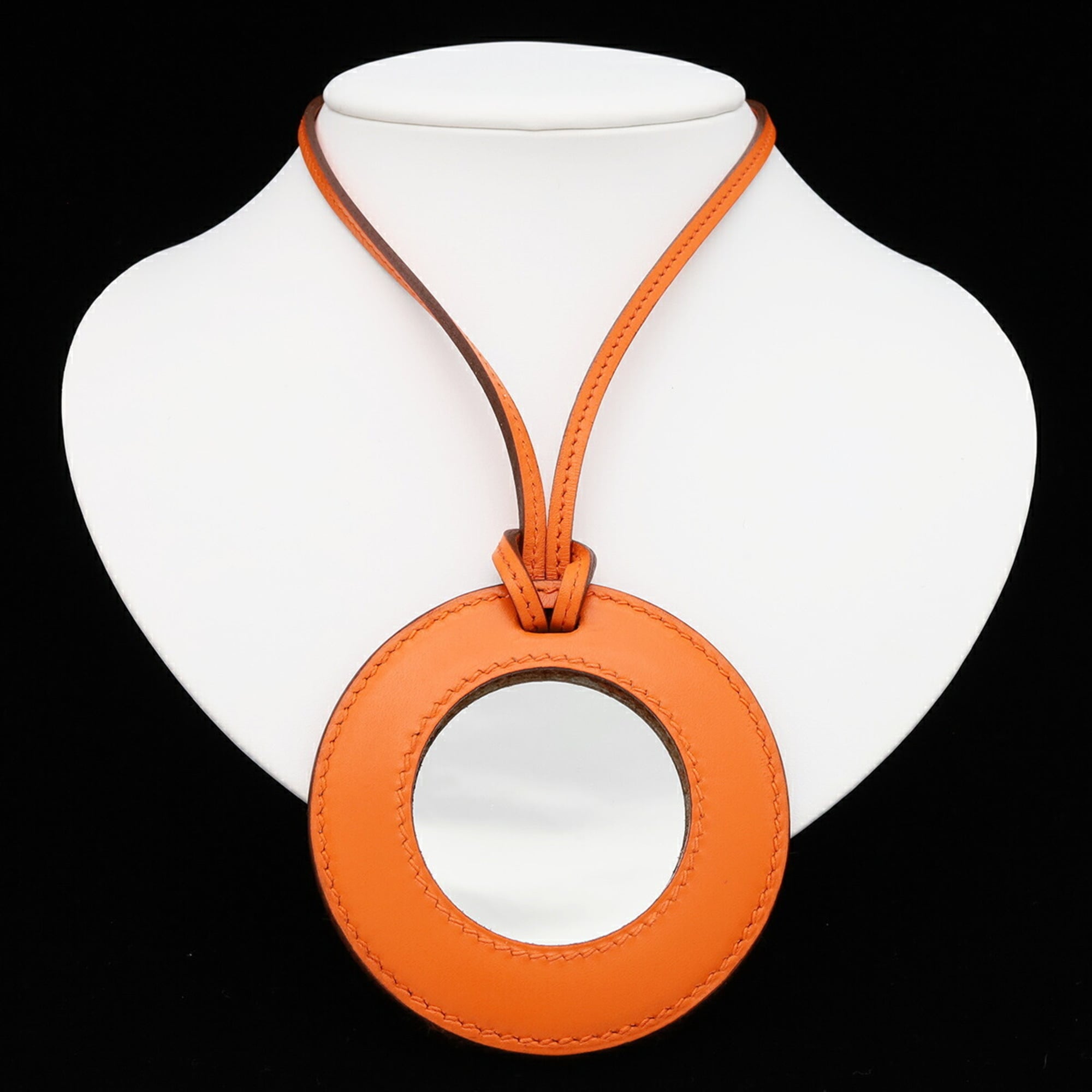 HERMES Hermes Magnifying Glass Necklace Pendant Circle Round Leather Orange — New - Store Return