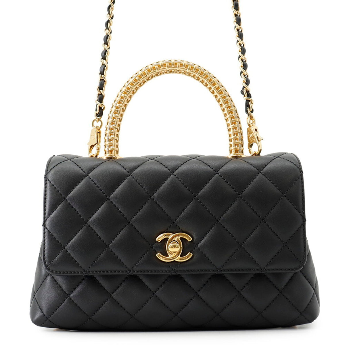 Chanel Matelassé handbag, Coco Mark, Handle, Lambskin, A92990, CHANEL 2-way shoulder bag, Black, handbag for women — Like New