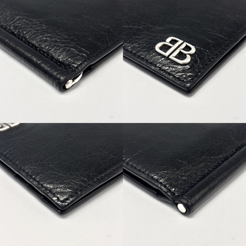 Balenciaga Monaco BB Money Clip Men's Black Lambskin Leather Bifold Wallet, 2024SS, 792665