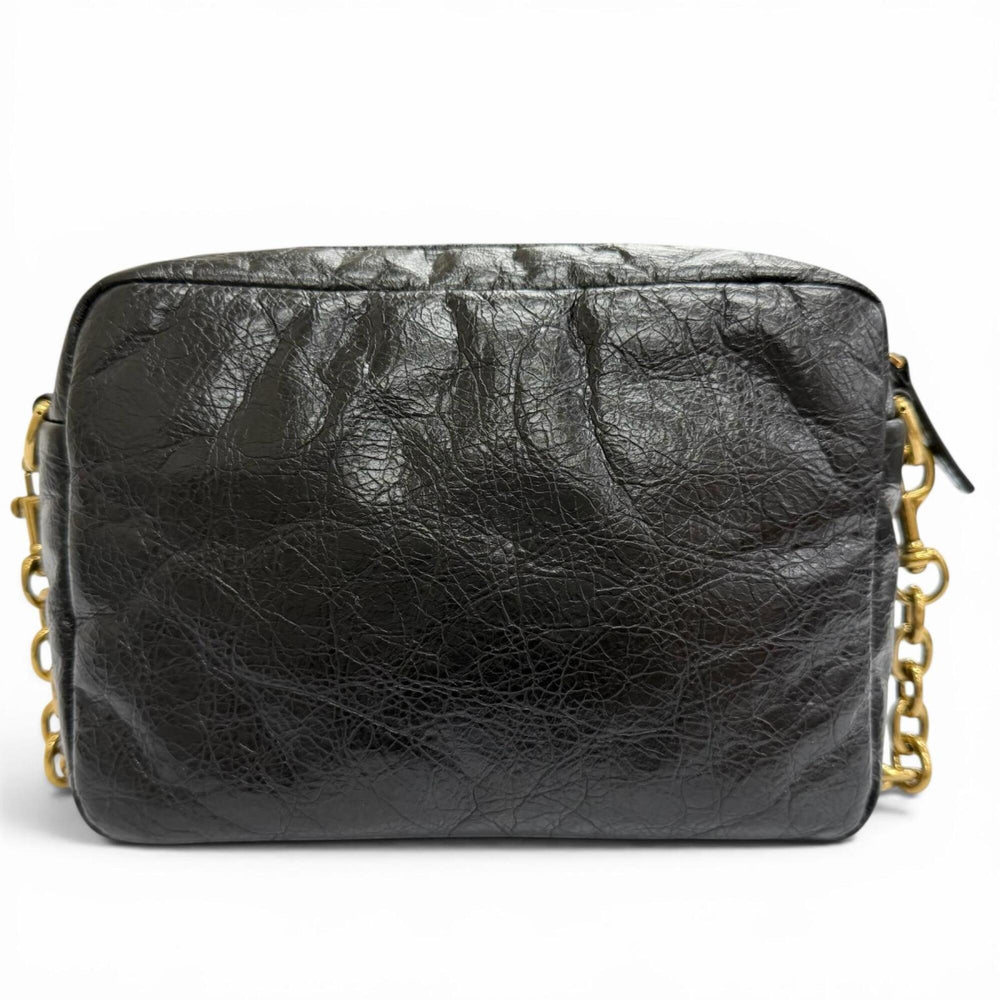 BALENCIAGA 806459 Monaco Arena Calfskin Camera Bag Chain Shoulder Black Antique Gold Hardware Made in Italy Women's — Like New