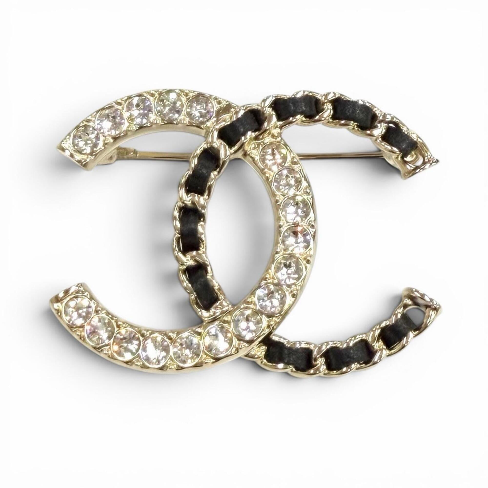 CHANEL A25B Coco Mark Rhinestone Leather Chain Brooch, Gold and Black, Made in France, Women's, with Box Dust Bag — Like New