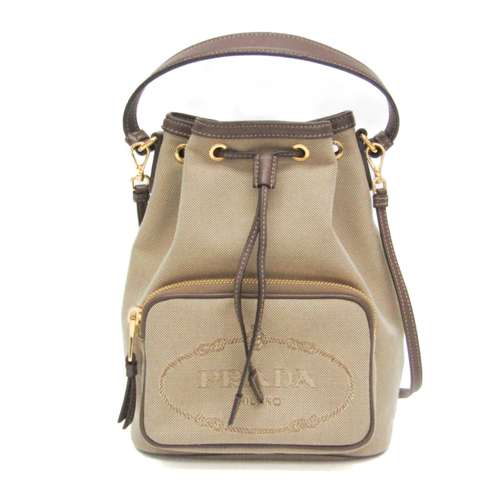 Prada Logo Jacquard Drawstring Bag Women's Leather,Jacquard Handbag,Shoulder Bag Beige Brown,Dark Brown — Like New