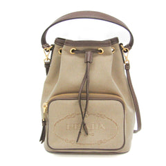 Prada Logo Jacquard Drawstring Bag Women's Leather,Jacquard Handbag,Shoulder Bag Beige Brown,Dark Brown — Like New