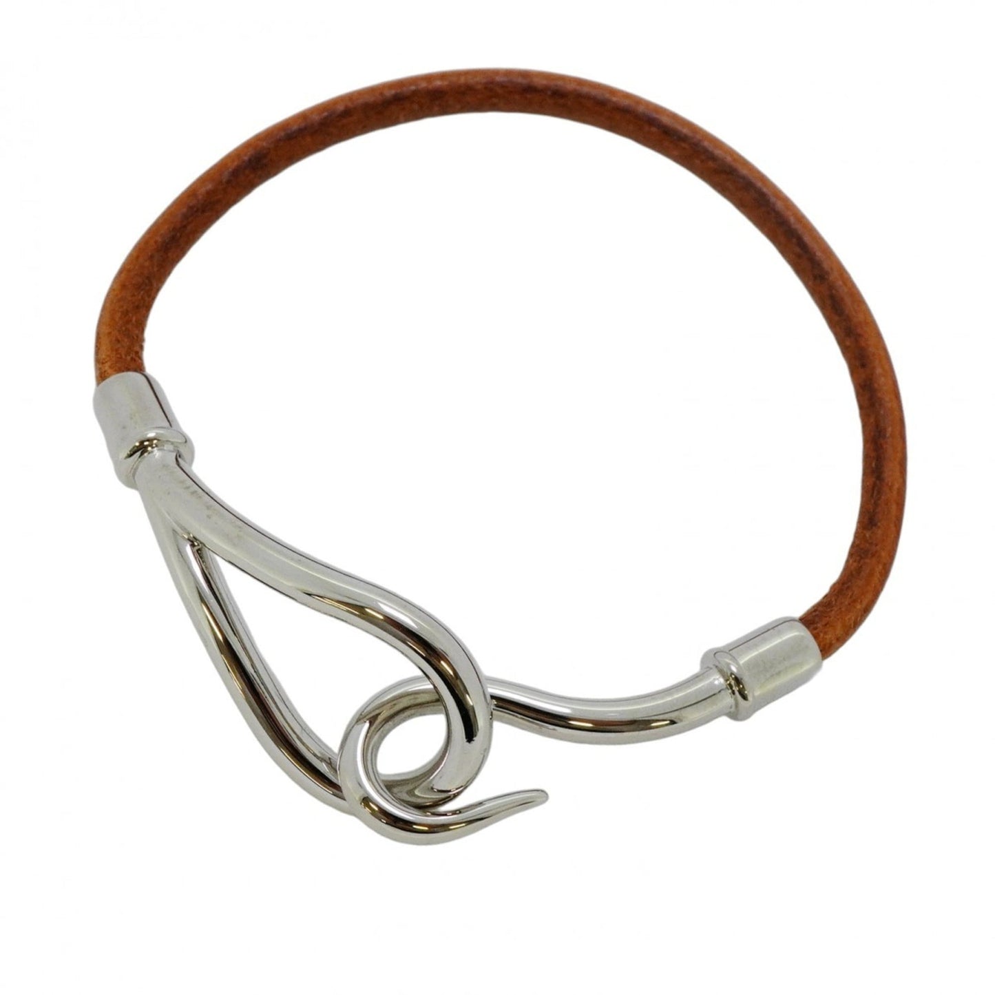 Hermes Jumbo Hook Bracelet, Metal, Leather, Silver, Brown, Women's