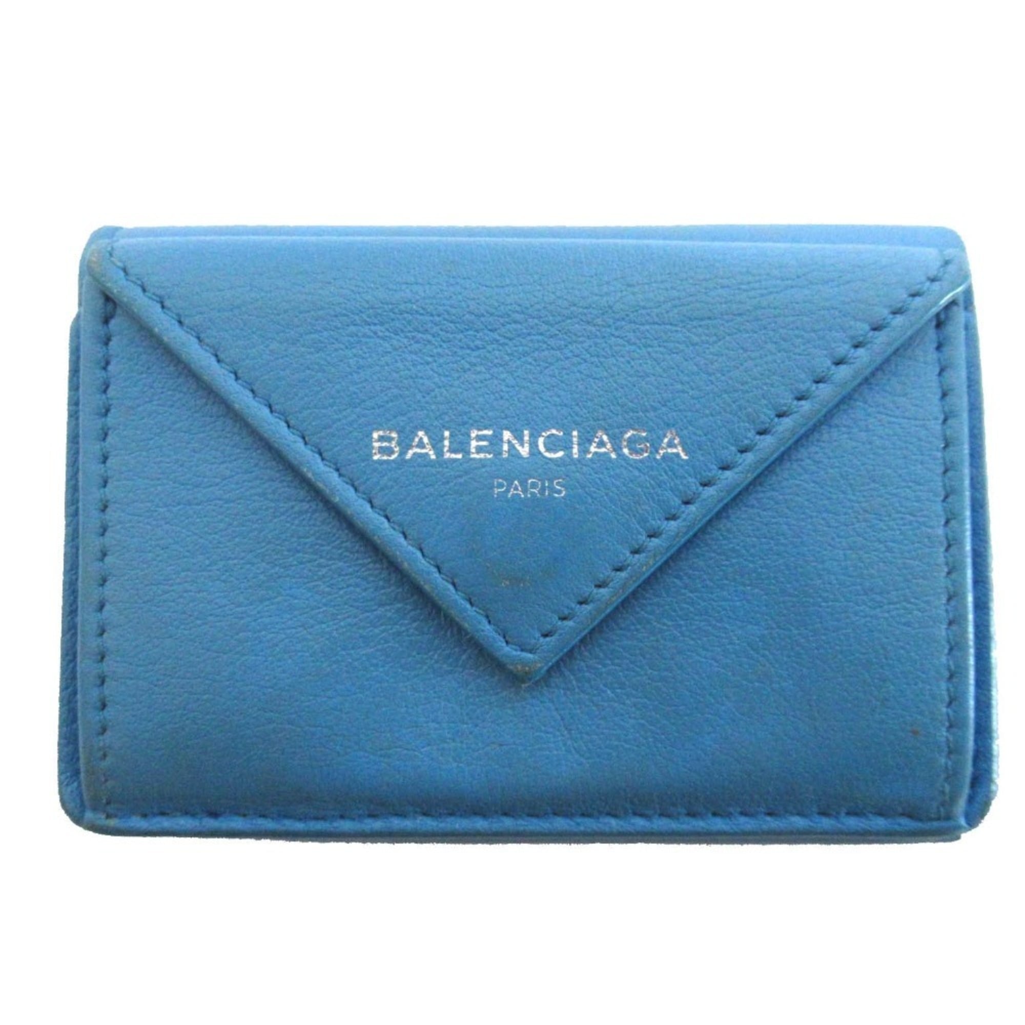BALENCIAGA Paper Mini Leather Compact Wallet Tri-fold Coin Purse Billfold Card Slot Blue Women's