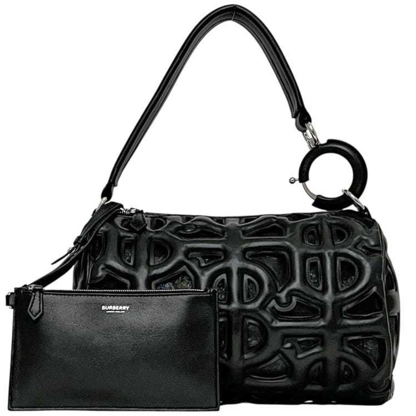 Burberry Ronbi Bag f-24660 Black TB Monogram Leather ITDGSRL37FIR BURBERRY Mesh Cutout Thomas Women's