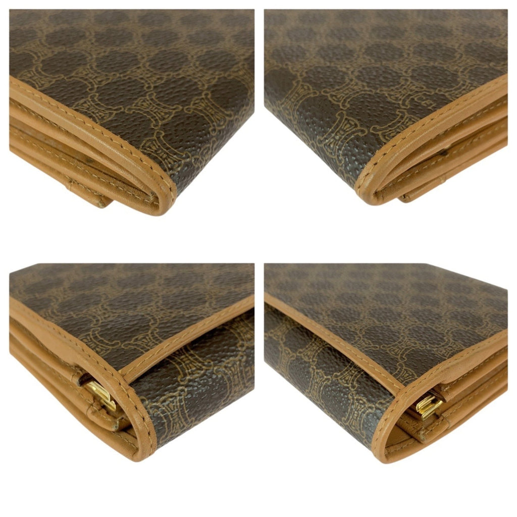 CELINE Macadam Triomphe Brown Leather M08 Long Wallet with Clasp Closure for Women