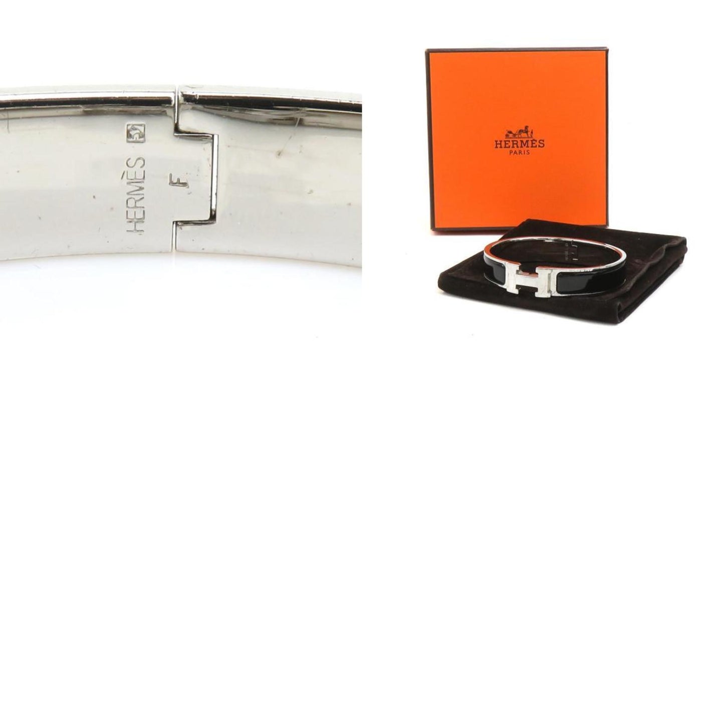 Hermes Hermès Click-Clack Metal Enamel Bangle Bracelet in Silver and Black for Women (e60747a)