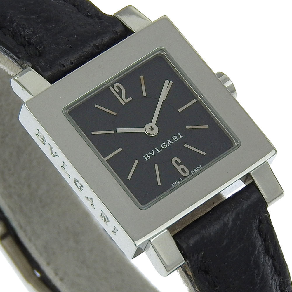 BVLGARI Quadrado SQ22SL Women's Watch, Stainless Steel and Leather, Quartz Movement, Analog Display, Black Dial — Good