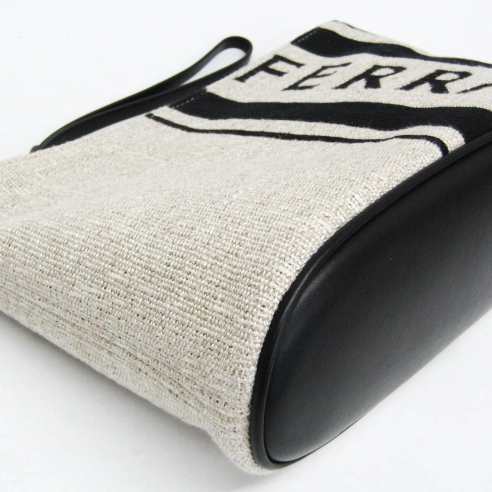 Salvatore Ferragamo Logo EE-24 1638 Men,Women Leather,Cotton Pouch Beige,Black — Like New
