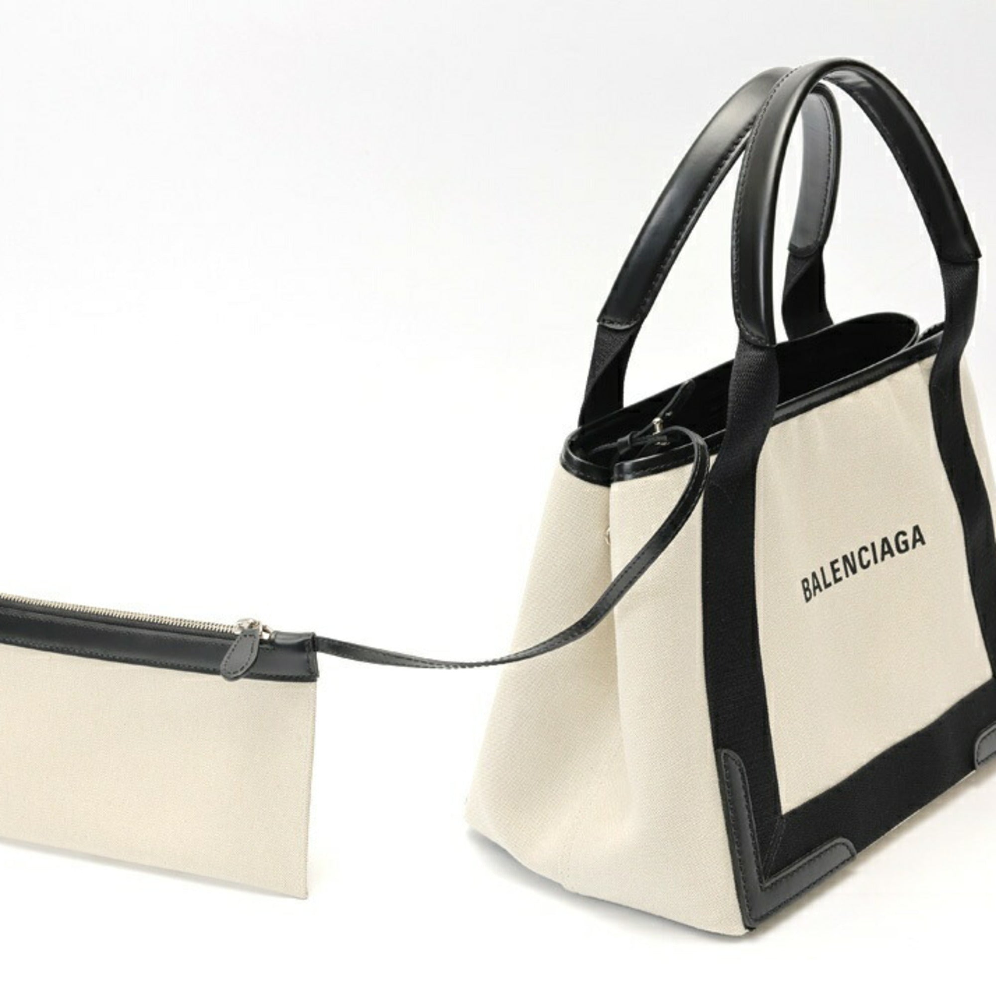 Balenciaga Navy Cabas S Tote Bag 339933 Canvas Leather Natural Black — Like New