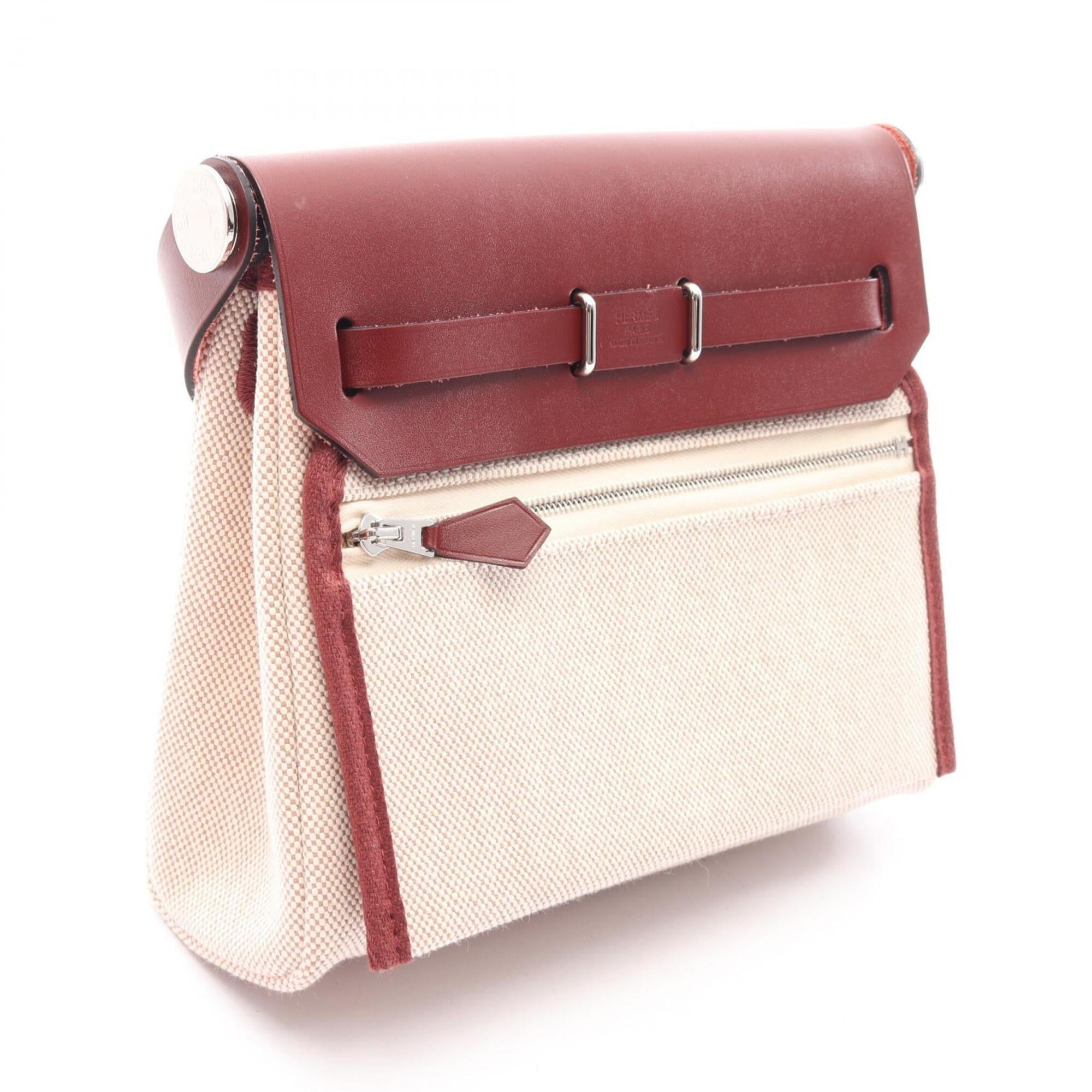Hermes Herbag Zip Mini Ecru Rouge H Shoulder Bag Handbag Canvas Leather Vache Hunter Toile Women's Ivory/Bordeaux — New - Store Return