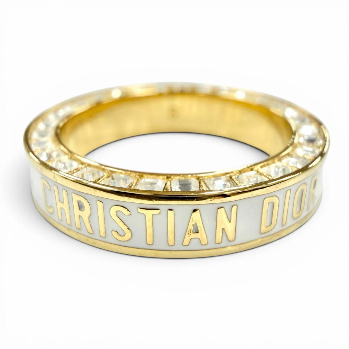 Christian Dior DIOR Night Code ring with crystal logo, rhinestones, and pavé crystals. White gold, size S. Women's. Comes box dust bag — Like New