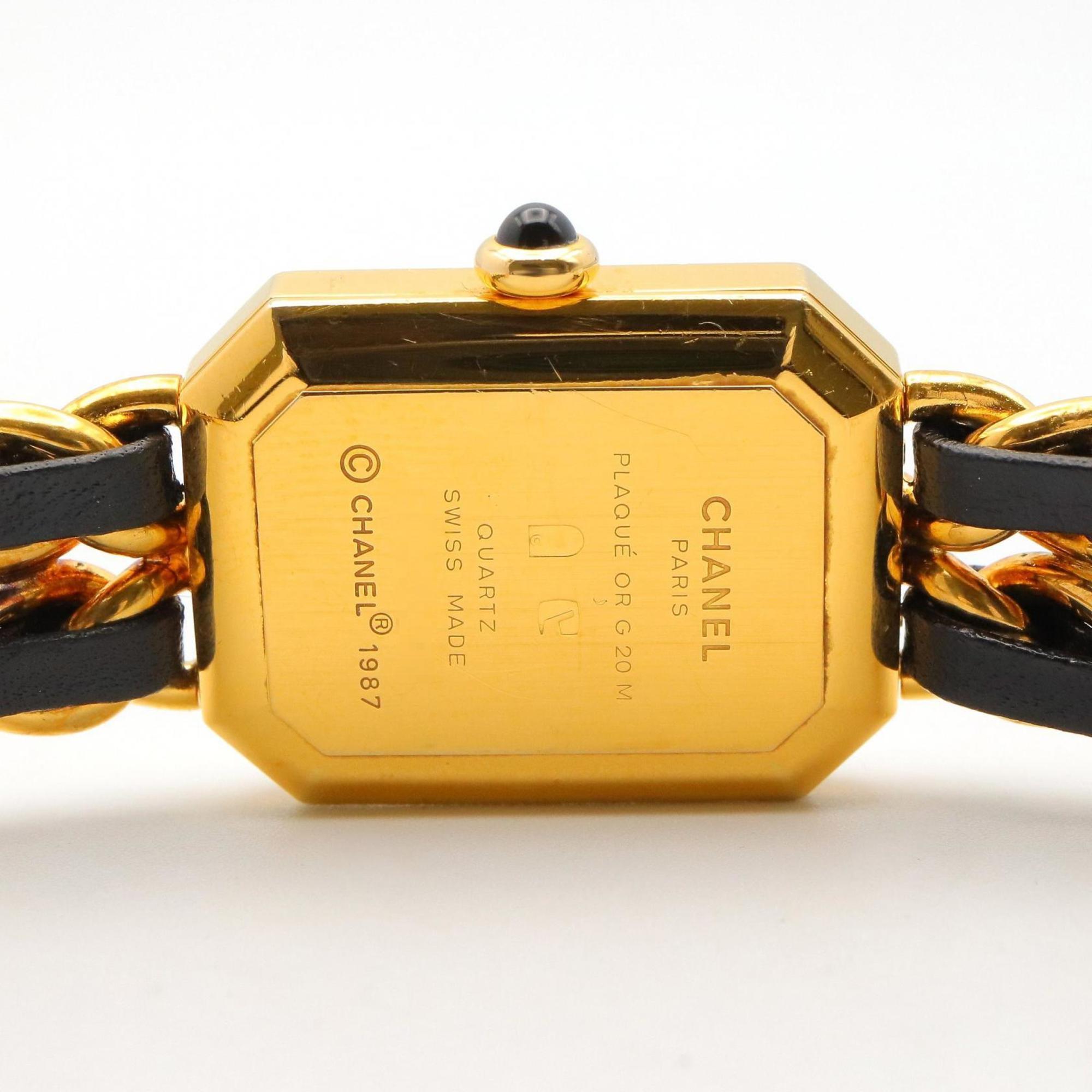 CHANEL Premiere M Watch, Gold-Plated, with Leather Strap, Black, Women's, H0001 — Very Good