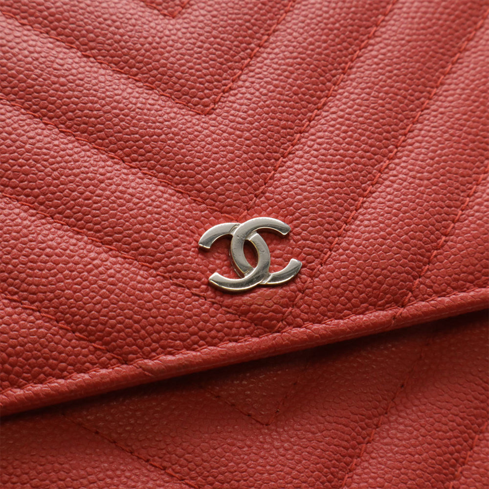 CHANEL V-Stitch Chevron Chain Wallet Shoulder Bag Pochette Caviar Leather Red Pink — Like New