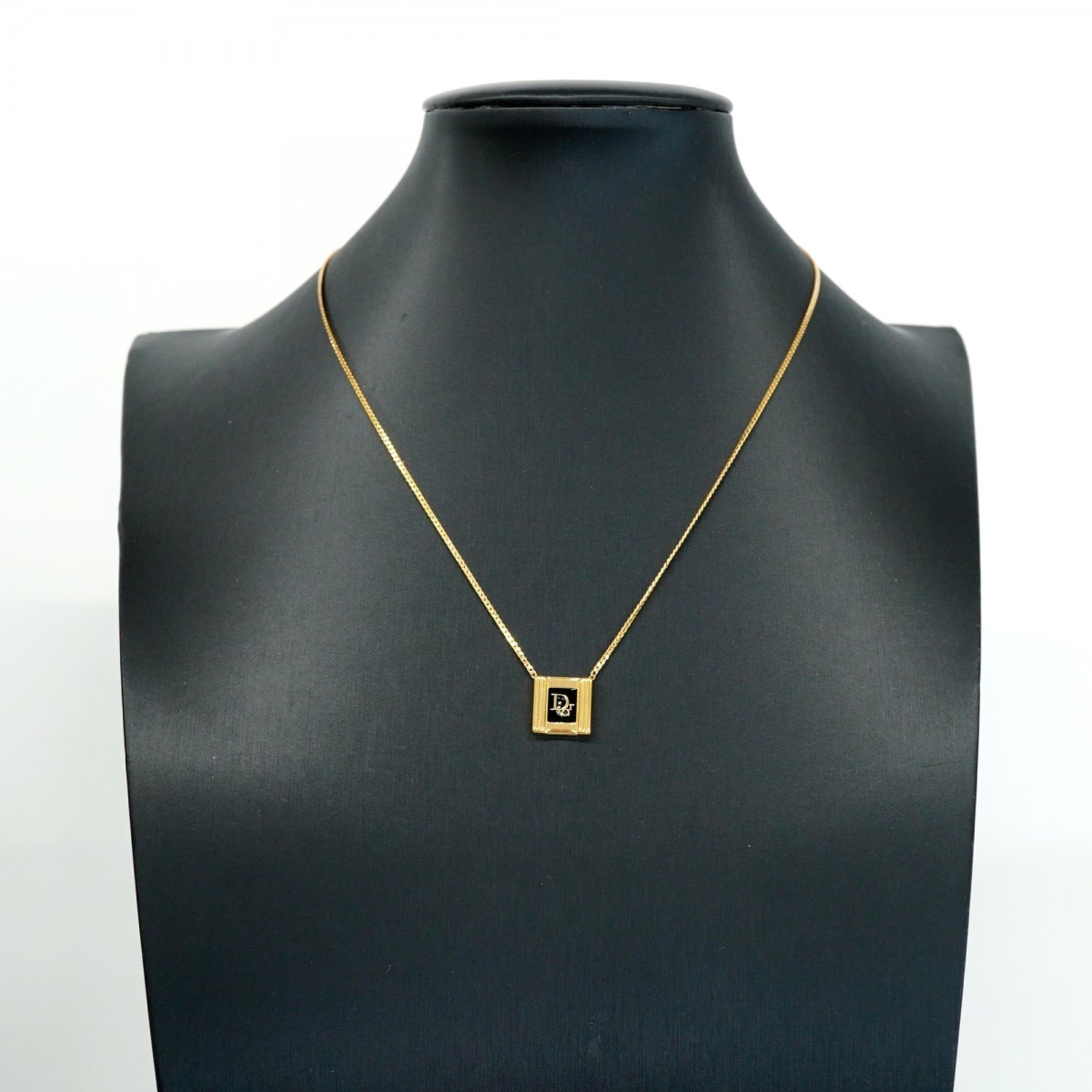 Christian Dior Square Necklace, GP Plated Gold, Black, Women's
