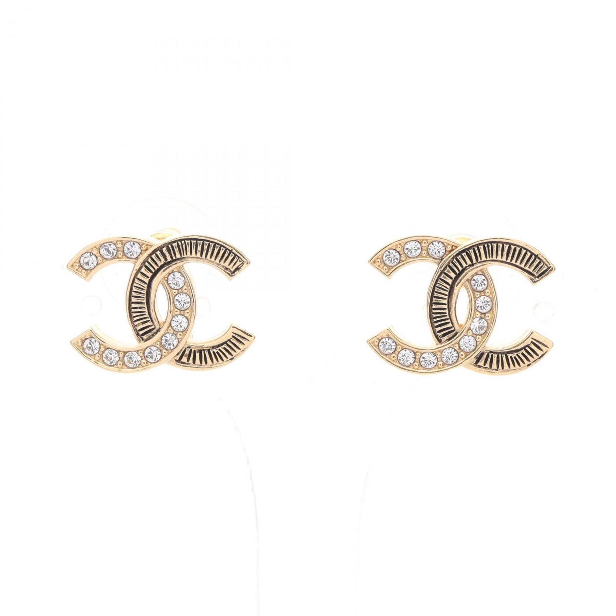 CHANEL Coco Mark Earrings with Gold-Plated Rhinestones, Women's, Gold and Clear, ABG712 B22492