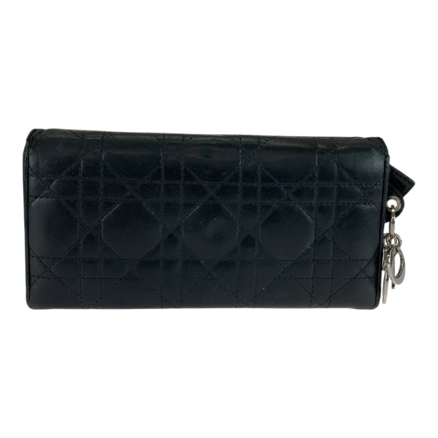 Christian Dior Cannage Black Leather Long Wallet with Silver Hardware, MC0028, Women's