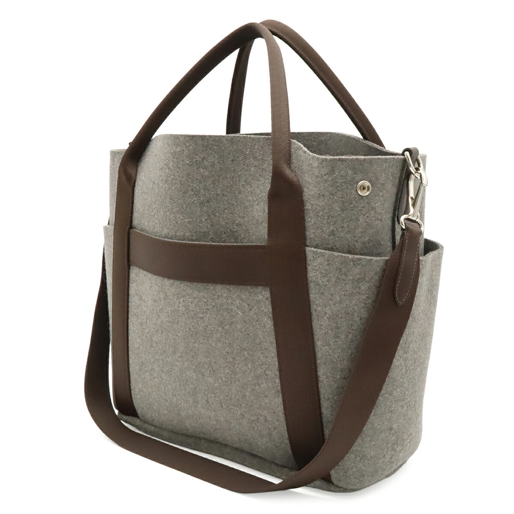 HERMES Sac de Pansage Groom Tote Bag Shoulder Felt Gray Dark Brown with Handbag-in-Bag Y Stamp — Like New