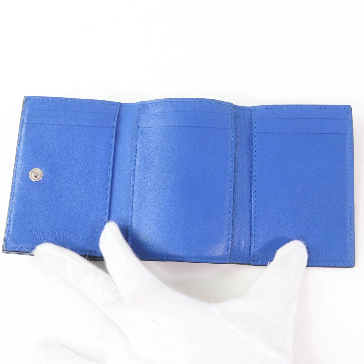 BOTTEGA VENETA Leather Intrecciato Tiny Tri-fold Wallet, Compact Black/Blue, Box and Dust Bag Included, Made in Italy, Women's