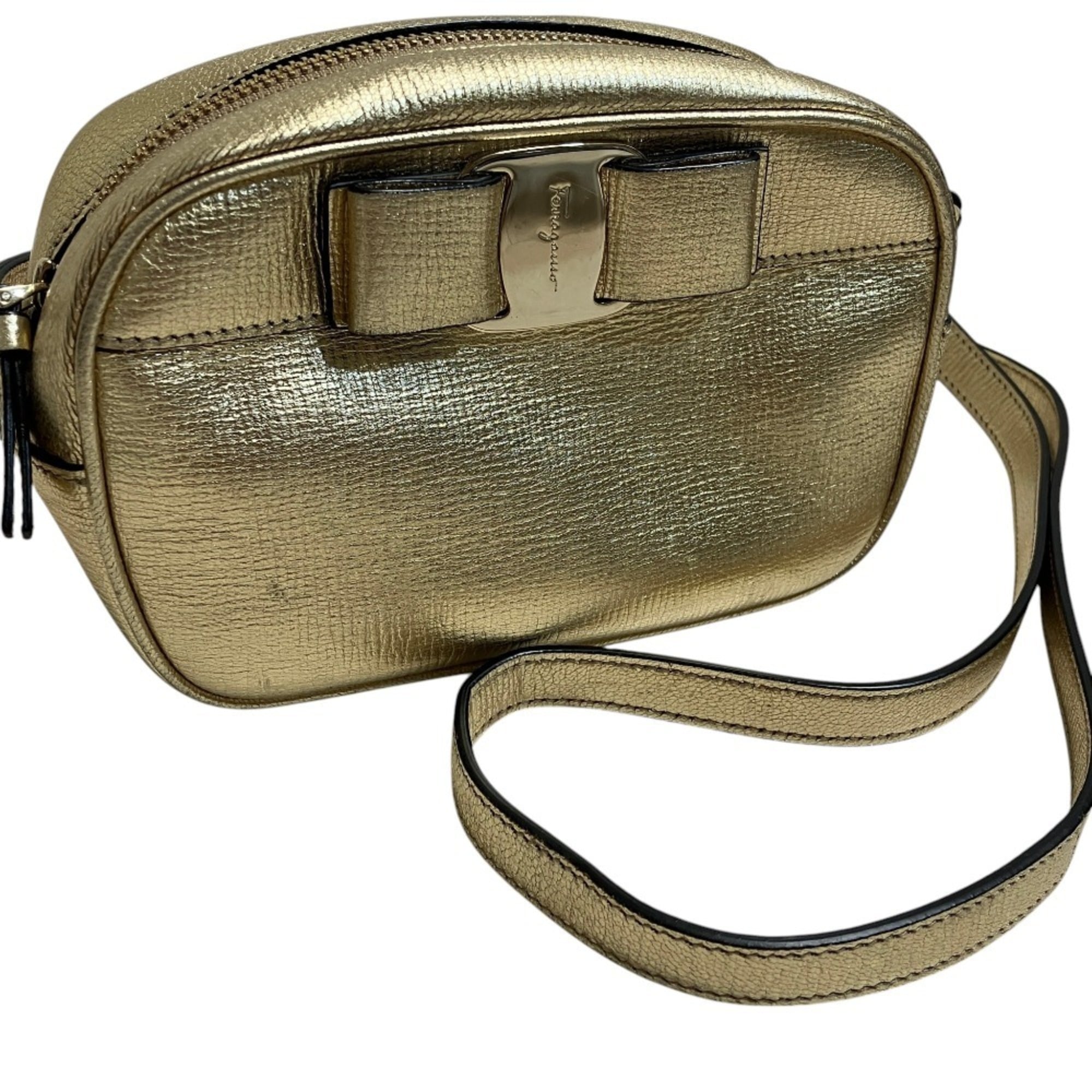 Salvatore Ferragamo Vara Ribbon Camera Shoulder Bag AU-21 H498 Gold Color Women's — Like New