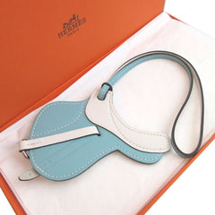 Like new Hermes Paddock Cells Swift Blue Atoll White Bag Charm Keychain 1355HERMES — Like New