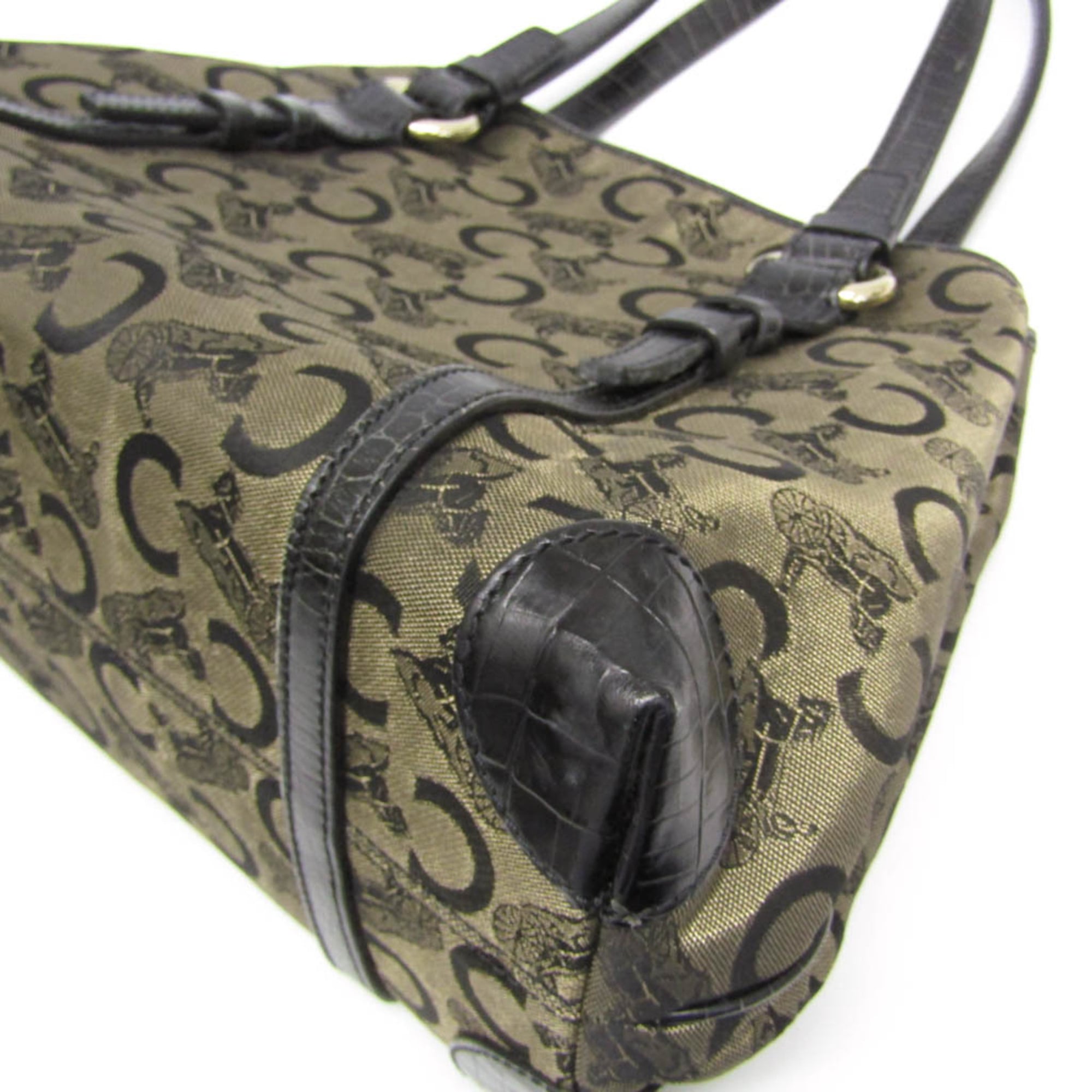 Celine C Macadam Carriage Pattern Women's Canvas,Leather Tote Bag Beige,Black