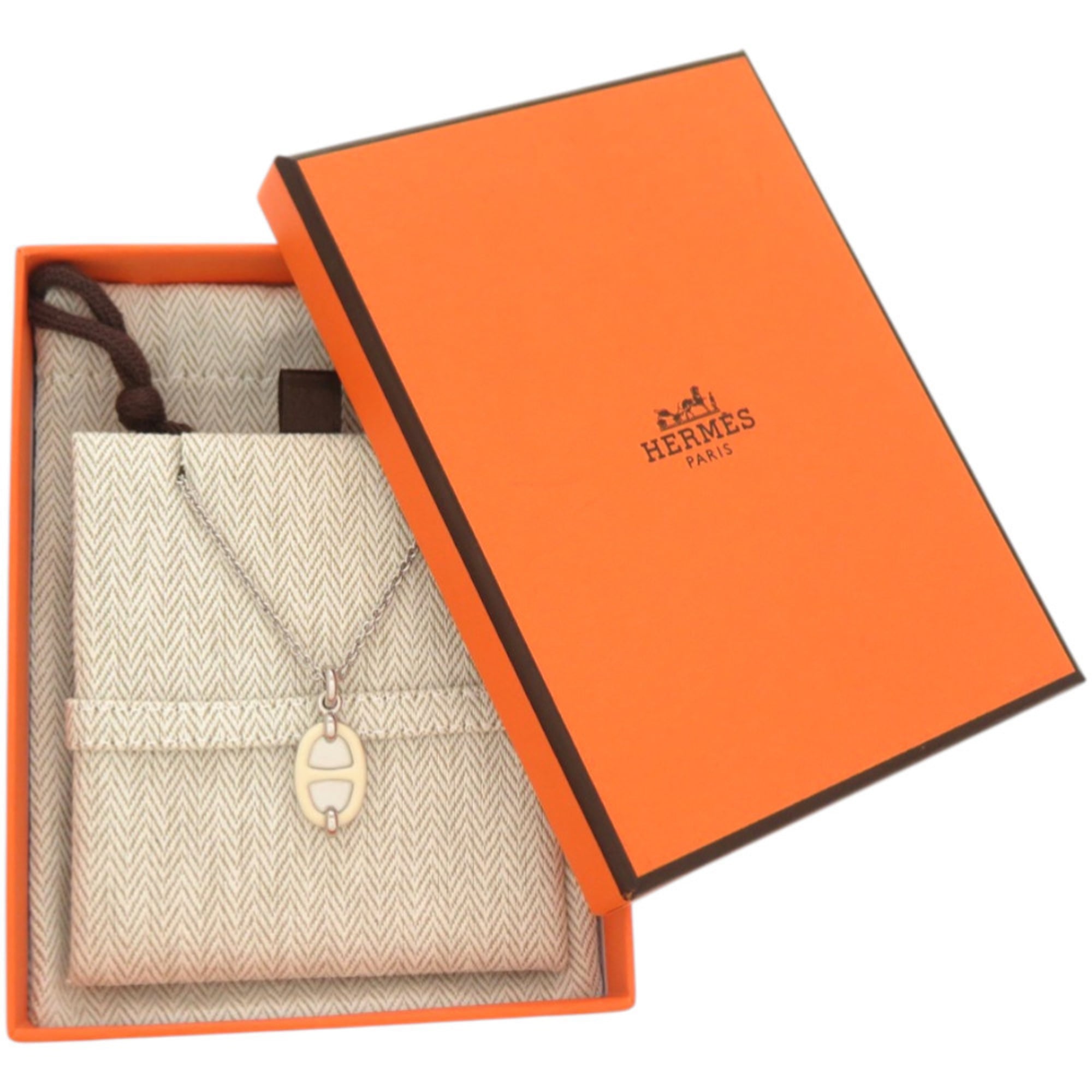 Unused Hermès Mini Maillon PM Pendant H100053FPD3, White Crème Metal Necklace, 1484HERMES — New - Store Return