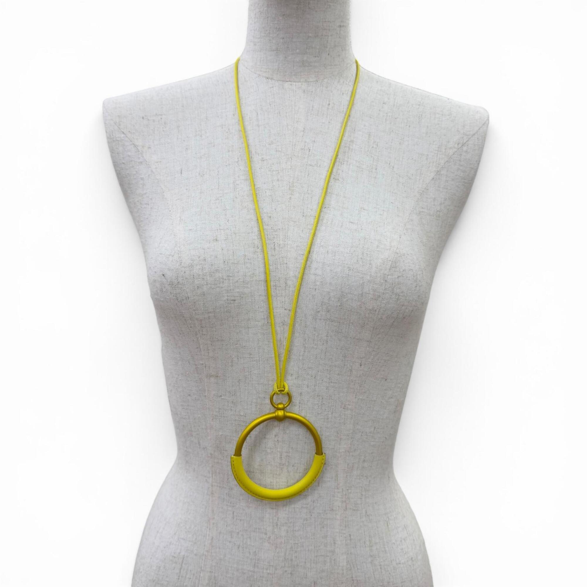 HERMES Loop Grand Necklace, Leather Trim Pendant, Yellow (Jaune), Women's, with Box and Dust Bag — Like New