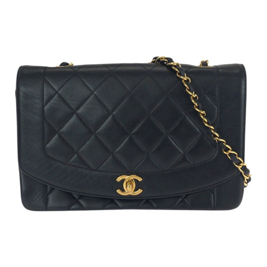 Vintage CHANEL Matelasse Diana Flap Coco Mark Black Lambskin Shoulder Bag with Gold Hardware, Chain for Women