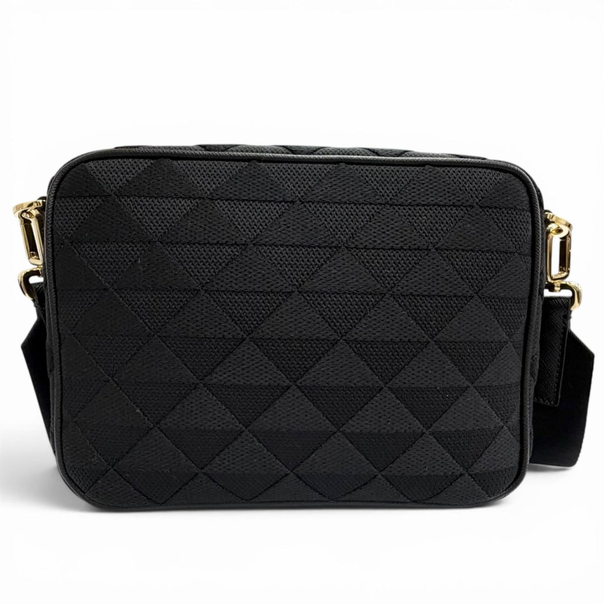 PRADA 2VH069 Brick Triangle Logo Jacquard Leather Shoulder Bag, Black with Gold Hardware, Made in Italy, Men's, Dust Bag — New - Store Return