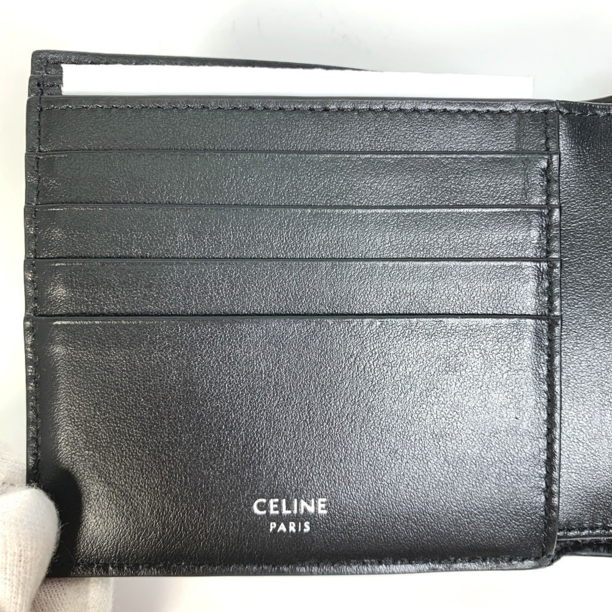 CELINE 10C873DME Logo Bifold Wallet, Unisex, Black Leather, Like New