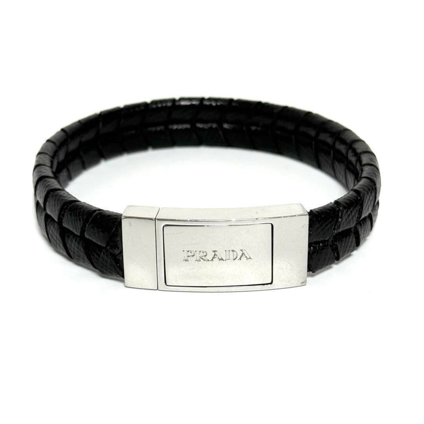 Prada Men's Logo Plate Leather Bracelet Black