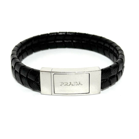 Prada Men's Logo Plate Leather Bracelet Black