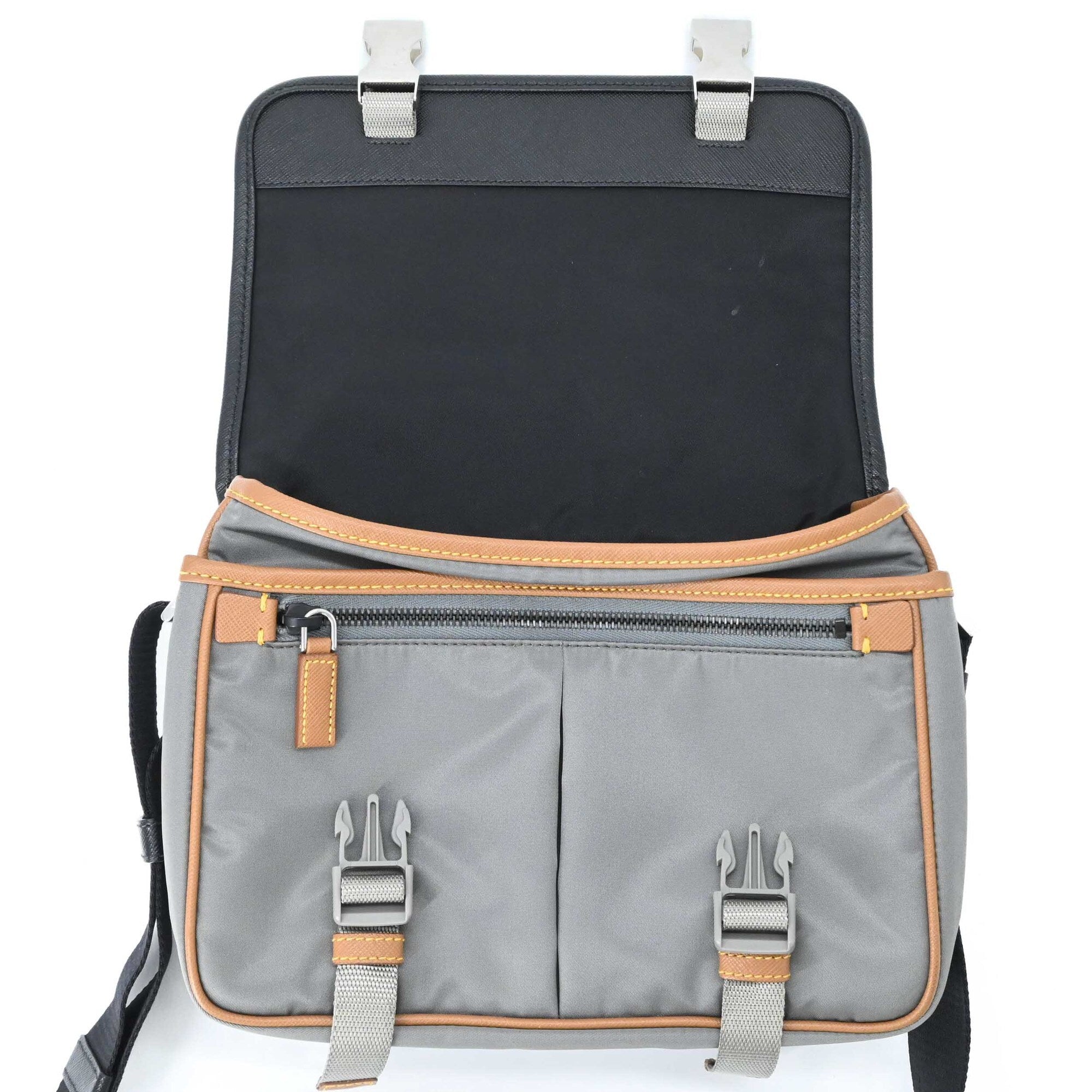 PRADA Tessuto Re-Nylon Triangle Shoulder Bag, Black, Gray, Brown, 2VD769 — New - Store Return