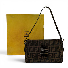 FENDI Vintage 26566 Leather Shoulder Bag with Zucca Pattern and FF Logo Hardware, Brown, Made in Italy, Women's, Box — Like New