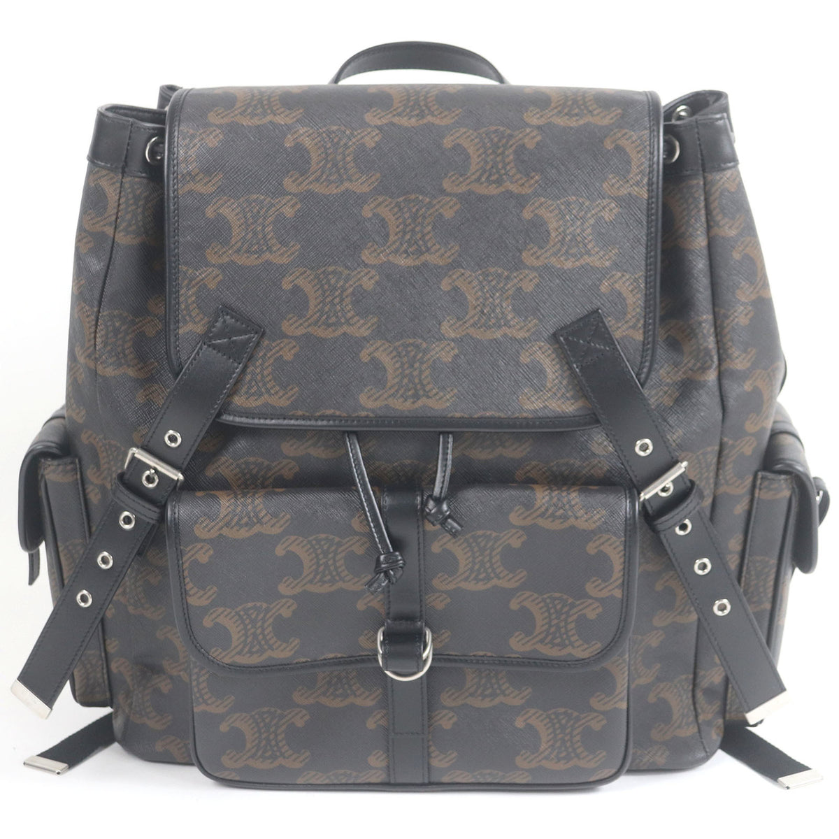 CELINE 11181 Coated Canvas Triomphe Pattern Backpack Daypack Black Brown with Dust Bag Men's — Like New