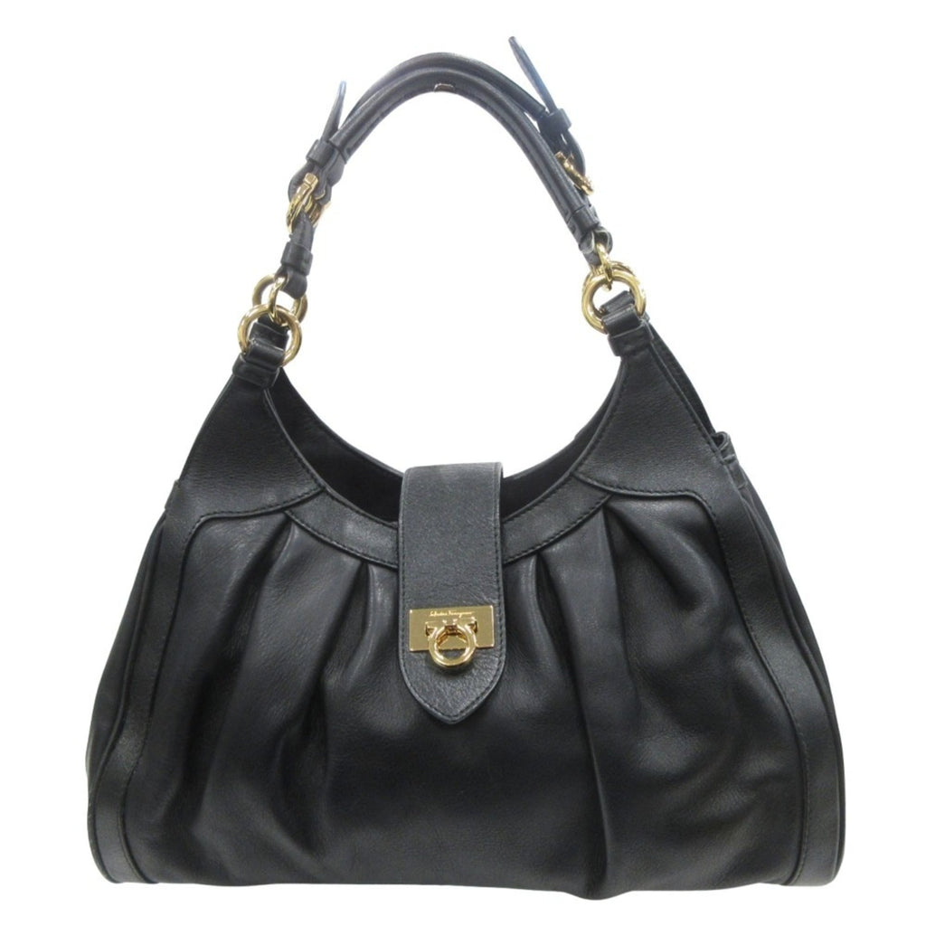 Salvatore Ferragamo Gancini Leather 2-Way Handbag with Gold Hardware, Black, Women's