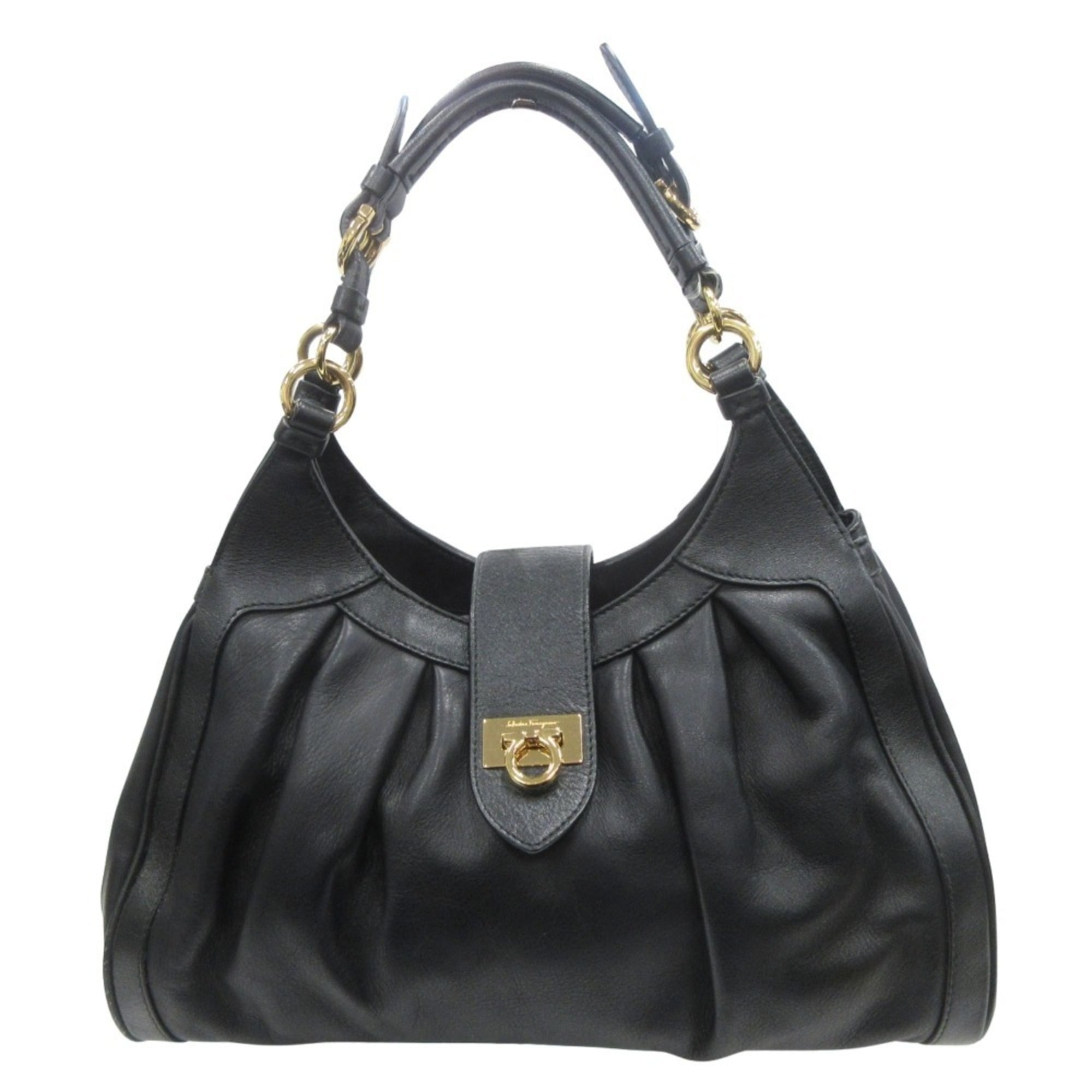 Salvatore Ferragamo Gancini Leather 2-Way Handbag with Gold Hardware, Black, Women's