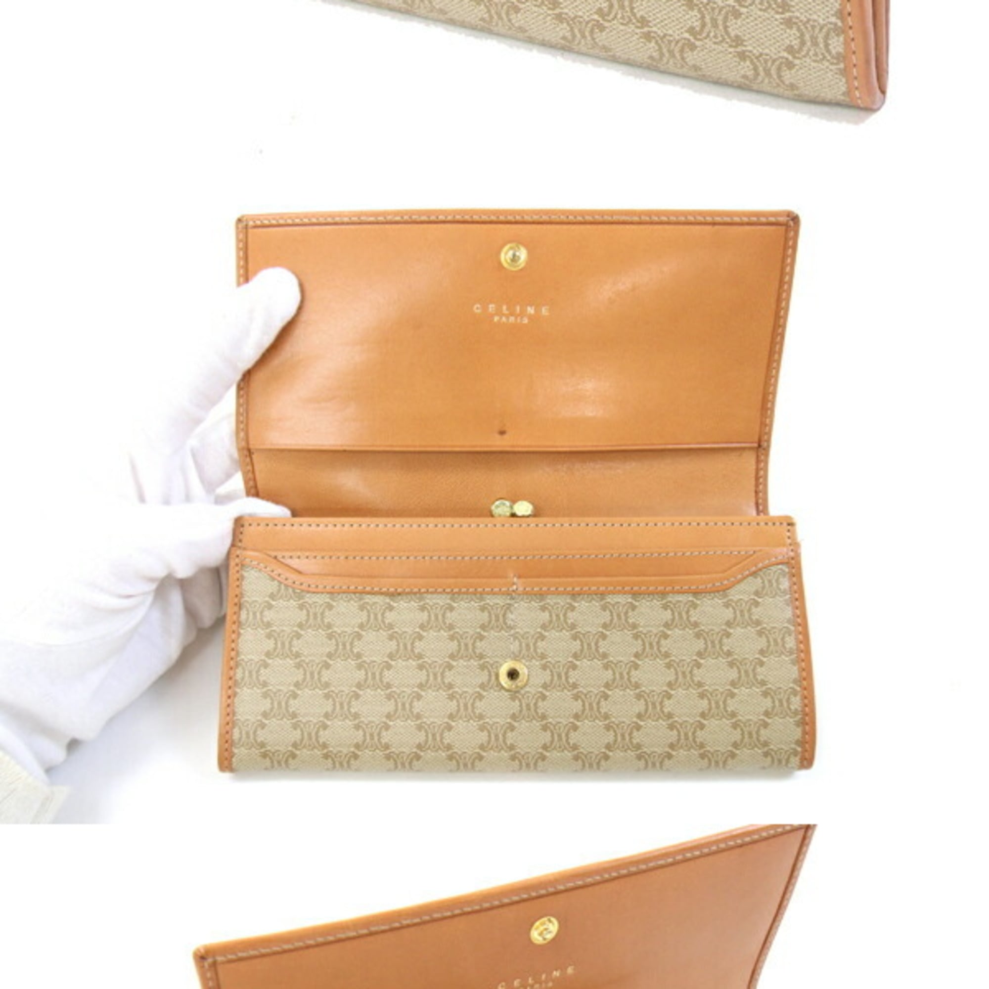 Celine bifold long wallet in beige macadam PVC leather. This is a women's wallet.