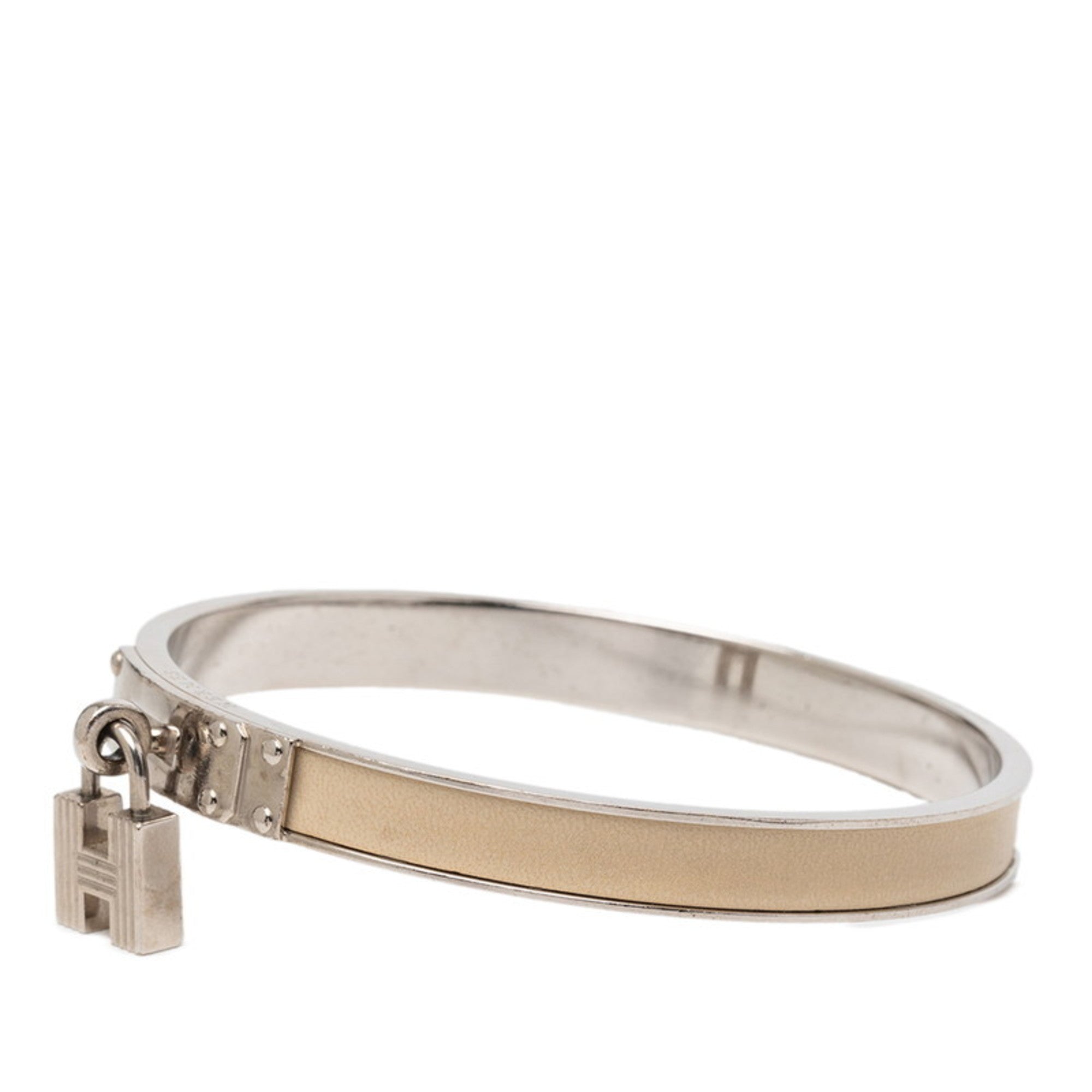 Hermes Hermès Kelly H Cadena Bangle Bracelet in Silver Beige Metal and Leather for Women