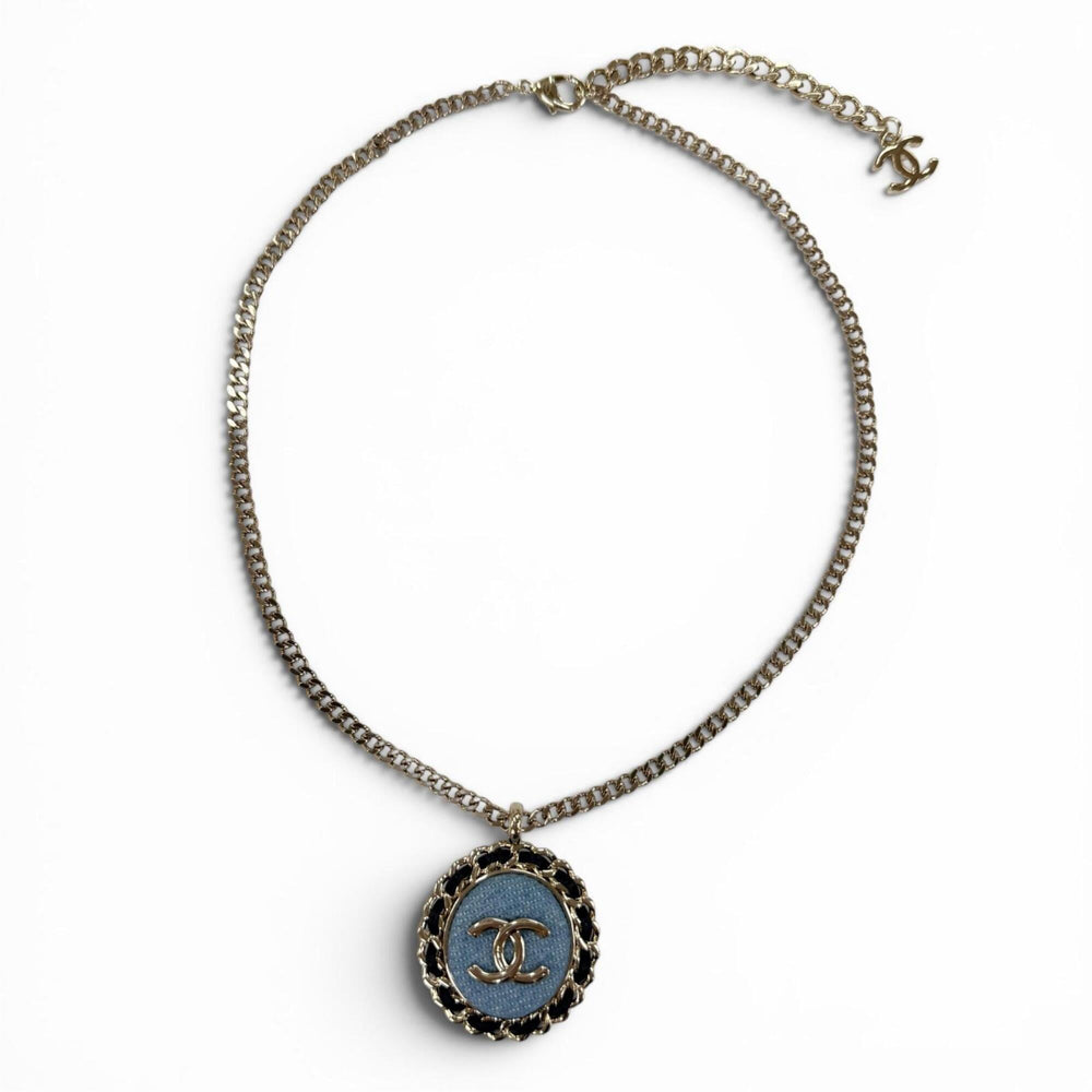 CHANEL (2025 model) B25P Coco Mark Denim Design Chain Necklace, Indigo Blue, Gold Hardware, Made in Italy, Women's — Like New