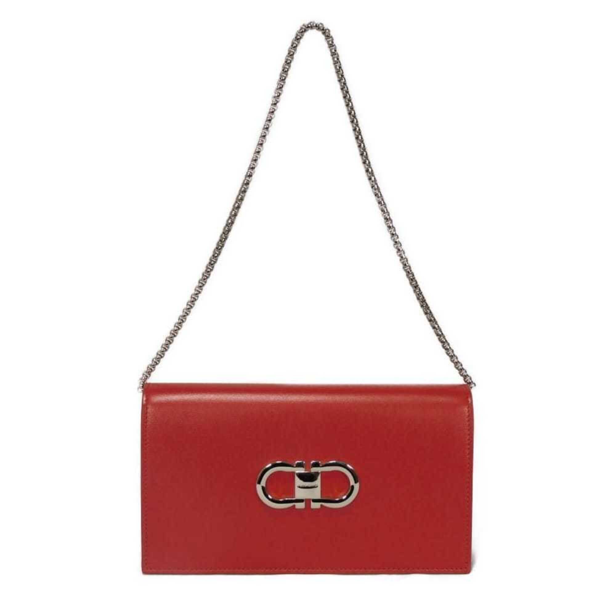 Salvatore Ferragamo Shoulder Bag Double Gancini Mini Chain Calfskin 2-Way New Logo Red 218357 Women's — Like New