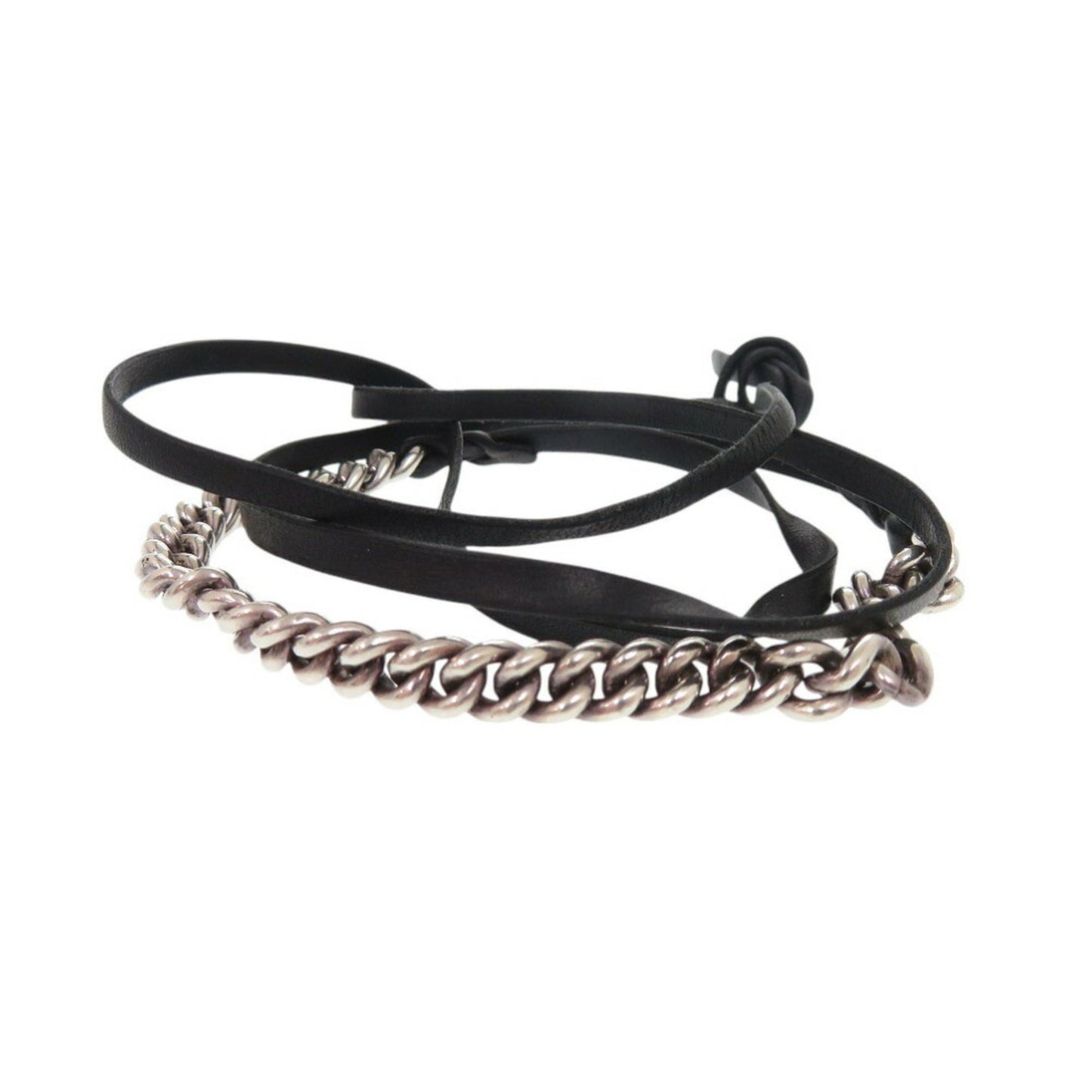 Hermes Chain Silver 925 Leather Bracelet Black 1312HERMES