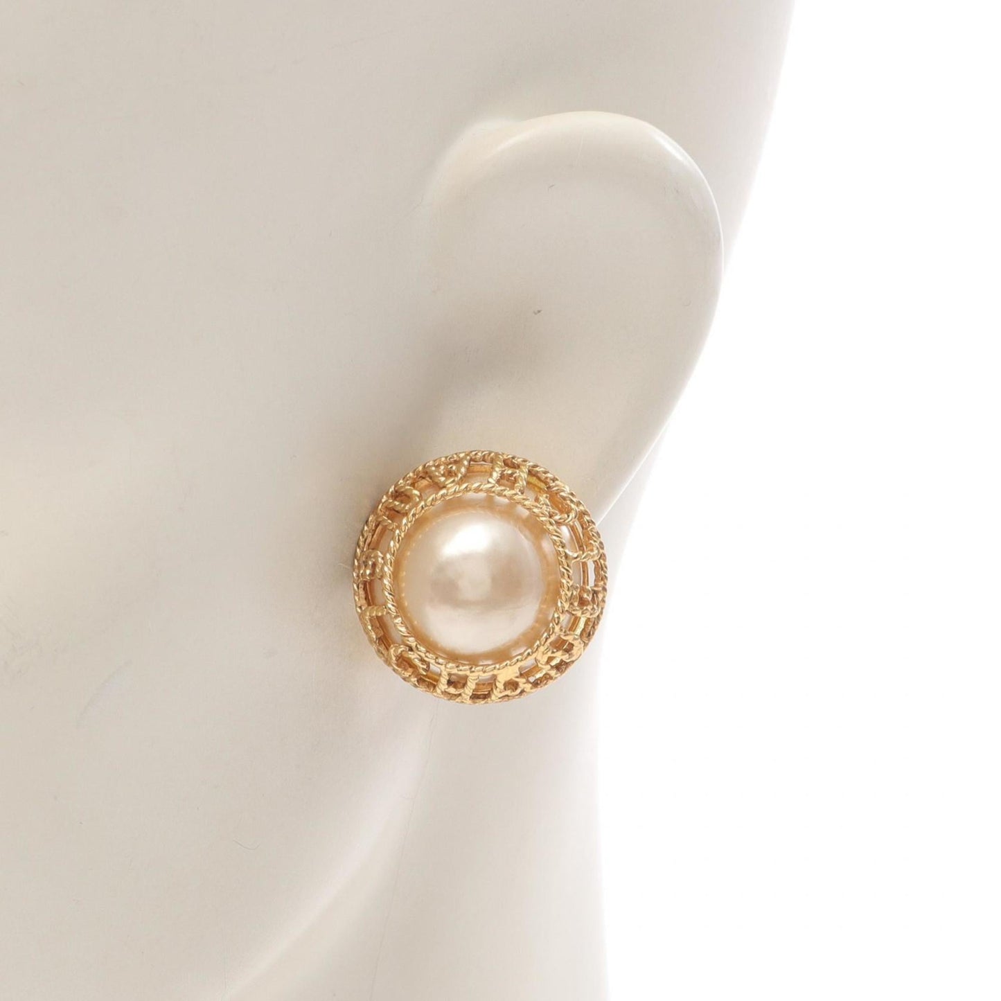 CHANEL logo earrings with gold-plated faux pearls for women in gold and white.