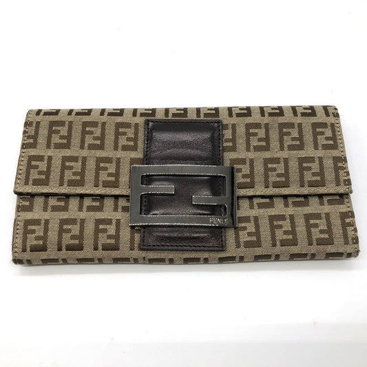FENDI Zucchino Long Wallet Canvas Beige Brown Women's Men's