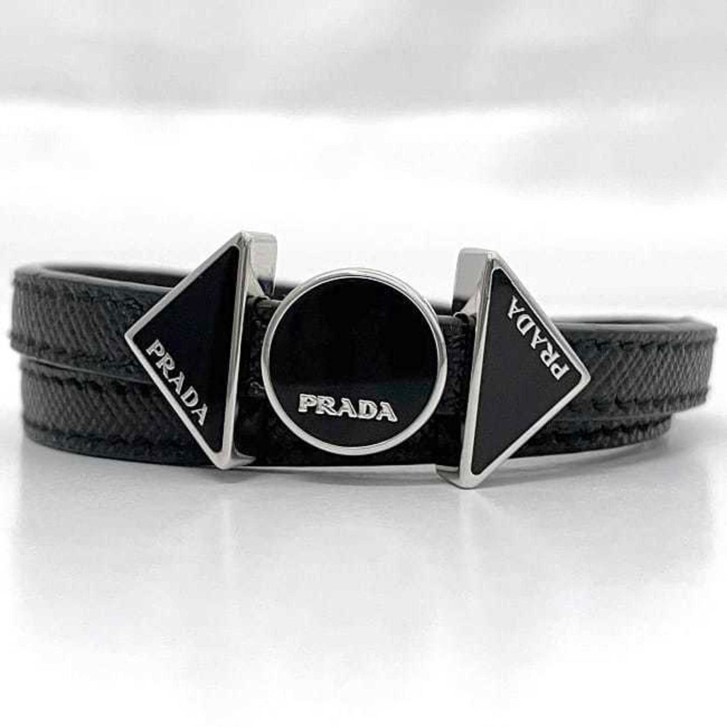 Prada Bracelet ec-23679 Black Nero Medium Saffiano Leather Metal Triangle Plate with Round Hardware for Men and Women