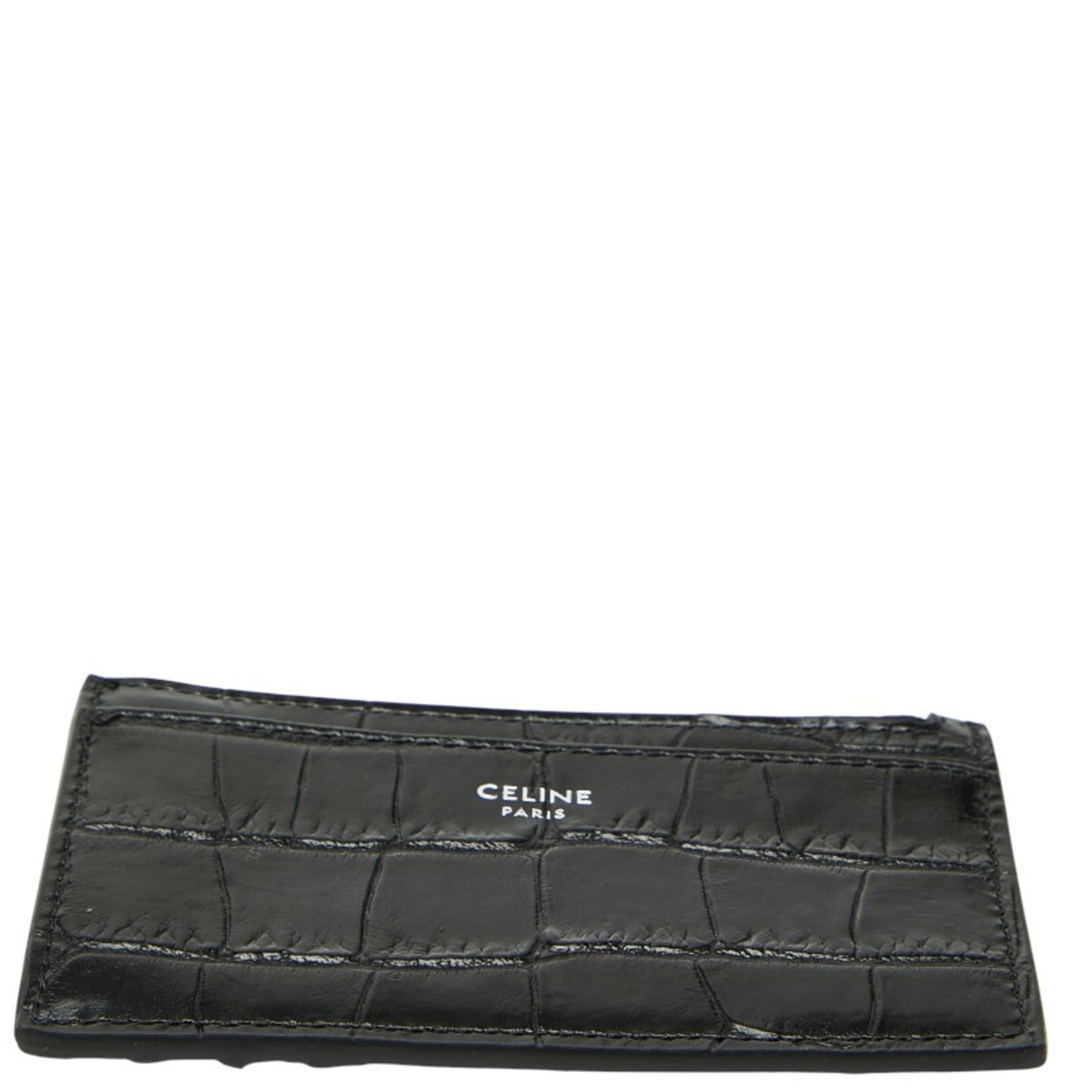 Celine Crocodile Embossed Wallet/Coin Case/Pass Case in Black Leather for Women